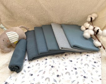 Paquete de telas de jersey con estampado de caracol + tela a juego + canalé #13.1 Tela azul para bebé, juego de telas infantiles con otomana, rayas, gofre, liso o jersey de canalé