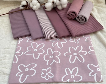 Lote de tela de jersey, motivo floral, malva claro + tela a juego + ribete, malva oscuro n.º 49.2 Conjunto de telas para bebé: jersey gofre, jersey ribete, teñido en hilo, color liso