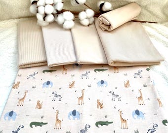 Lote de tejido de jersey, estampado safari, beige + tejido a juego + ribete beige n.º 35.1 Jersey gofrado, rayas teñidas en hilo, jersey liso o ribete fino, beige