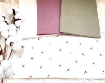 Conjunto de telas para bebé en jersey de algodón * Motivo: Flores de colores + ribete oscuro en malva oliva, blanco roto n.° 63