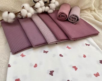 Paquete de telas de punto con motivo de mariposa, malva + tela a juego + canalé malva oscuro #24.2 Tela para bebé, punto gofrado, punto acanalado, rayas, color liso