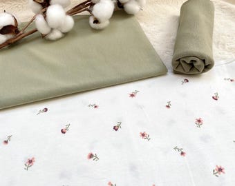 Paquete de tela de jersey, motivo: flores en blanco roto + tela a juego + ribete verde oliva n.° 63.3 Tela para bebé, jersey liso con estampado floral