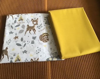 Paquete de tela de algodón de 1,5 m para bebé * Cambiador * Nido * Cesta de almacenamiento * Regalo para bebé * Piqué gofre color caramelo, ocre sólido, motivo de animales del bosque