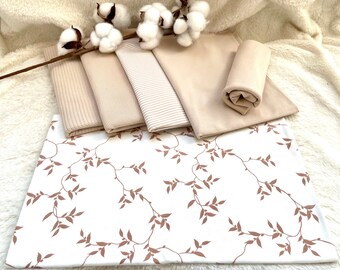 Paquete de telas de punto con estampado de enredaderas en color nude + tela a juego + canalé beige #61.2 Juego de telas para bebé, K: gofre, canalé, punto liso o teñido en hilo