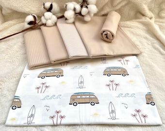 Paquete de telas de jersey de algodón con estampado camper + traje + canalé beige #58.2 Jersey de canalé Bulli, jersey de gofre, jersey liso, rayas teñidas en hilo