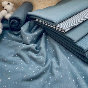 Jersey Stoffpaket Pünktchen stahlblau + Kombistoff + Bündchen #57.1 Babystoff Kinderstoff Set Ottoman, Waffel-, Rib-, Streifen-, Uni-Jersey