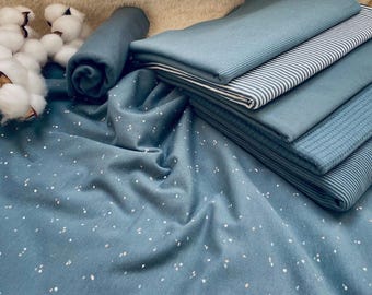 Paquete de telas de jersey con lunares azul acero + tela a juego + canalé #57.1 Tela para bebé, juego de telas para niños, otomano, gofre, canalé, rayas, jersey liso