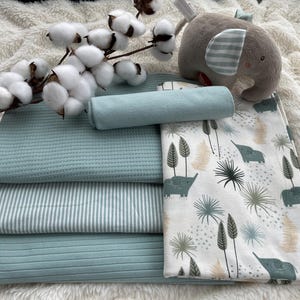 Pacote grande de tecido para bebê com motivo jersey de algodão + jersey waffle/canelado azul gelo + punhos conjunto de tecido para bebê * Motivo: elefantes azul gelo #33