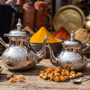 Hand-Engraved Silver Plated Brass Moroccan Teapot – Traditional Berrad Tea Server