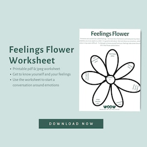 May include: A black and white printable worksheet in the shape of a flower with the title "Feelings Flower Worksheet". The worksheet has petals with prompts for children to write about their feelings, such as "I feel happy when..." and "I get mad when..." The worksheet is designed to help children learn about and express their emotions.