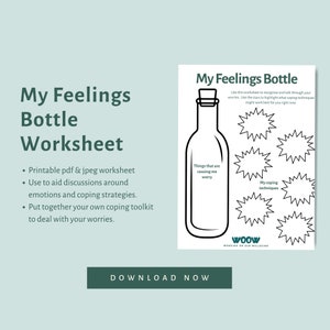 Peut inclure: Feuille de travail imprimable en noir et blanc intitulée "My Feelings Bottle Worksheet". La feuille de travail représente une bouteille avec un bouchon et des étoiles autour. Le texte "Things that are causing me worry" est à l'intérieur de la bouteille. Le texte "My coping techniques" est à l'intérieur d'une des étoiles. Le texte "Utilisez cette feuille de travail pour reconnaître et parler de vos soucis. Utilisez les étoiles pour mettre en évidence les techniques d'adaptation qui pourraient vous convenir le mieux en ce moment." est en haut de la feuille de travail. Le texte "WOOW WORKING ON OUR WELLBEING" est en bas de la feuille de travail.