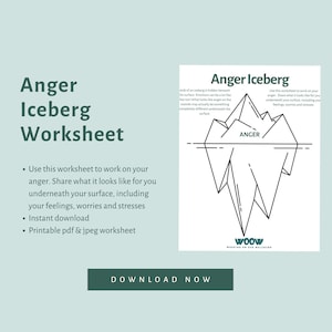Op de afbeelding: Zwart-witte lijntekening van een ijsberg met het woord "ANGER" bovenaan. De ijsberg is gelabeld als "Anger Iceberg" en de tekst "Gebruik deze werkbladen om aan je woede te werken. Deel hoe het er voor jou uitziet onder je oppervlak, inclusief je gevoelens, zorgen en stress." staat onder de ijsberg. De tekst "DOWNLOAD NOW" staat onderaan de afbeelding.