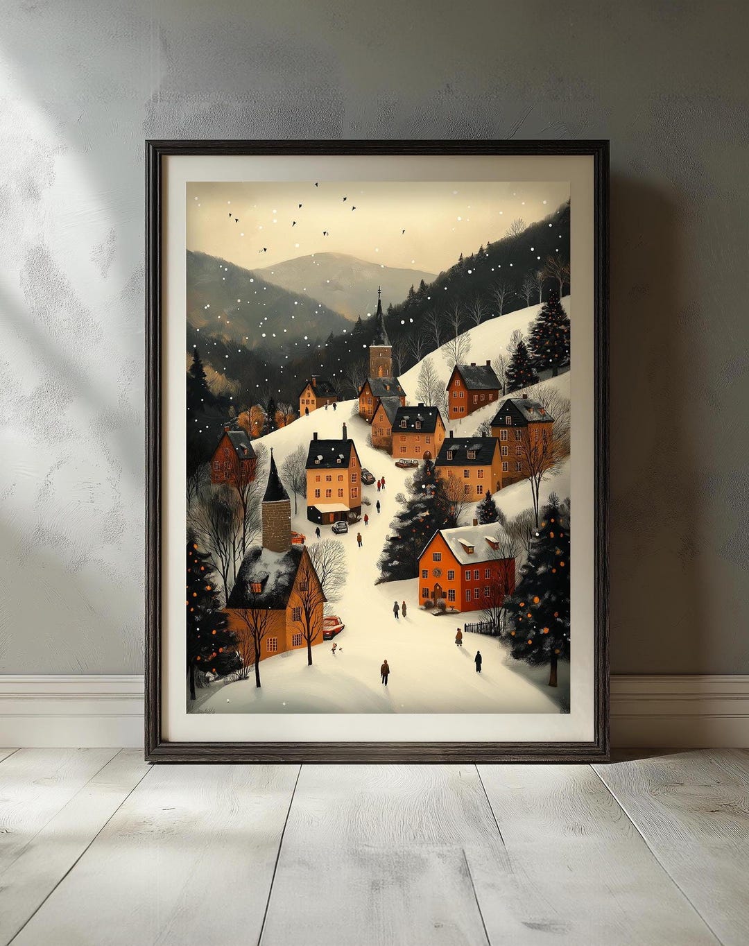 Christmas Snowy Village Printable Art, Cozy Winter Night Scene, Holiday ...