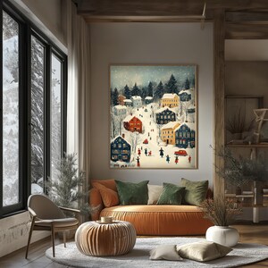Snowy Christmas Town Scenic Print - Cozy Scandinavian Wall Art Download