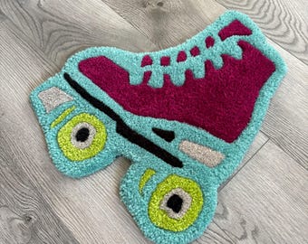Alfombra artesanal de patines de ruedas de neón / Decoración retro con mechones de los 80