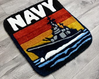 Alfombra de barco hecha a mano / Alfombra con mechones de escena oceánica al atardecer, decoración militar