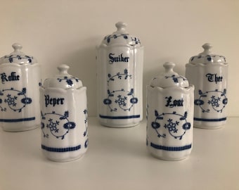 Set van 5, in Blau Saks wit blauw kleur combinatie uitgevoerd aardewerk voorraadpotten