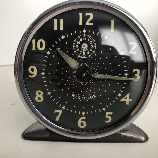 Vintage Westclox alarm clock, black with chrome edge. 1950.