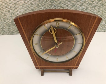 Vintage table clock two colors wood and brass on battery 1970