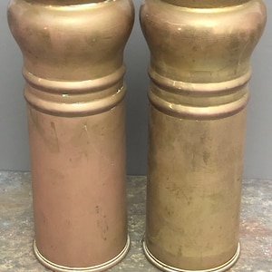2 identical shell casing vases trench art WW II 1938 and 1941 with many stamps.