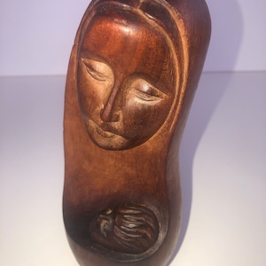 Wooden Hand-carved figurine of Mary with child Jesus