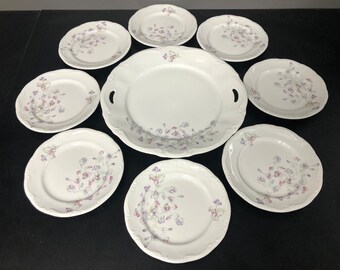 Vintage Pastry set cake dish with 8 plates in pastel colors.