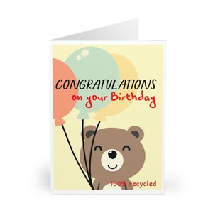Carte d'anniversaire amusante et mignonne • Carte recyclée pour lui ou elle • Ours et ballons en dessin animé • Carte de voeux durable • Carte britannique écologique