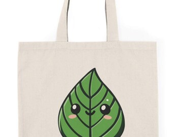 Bolso de mano Kawaii con diseño de hoja verde de dibujos animados / Bolso de compras ecológico de algodón reciclado / Regalo reutilizable para amantes de la naturaleza