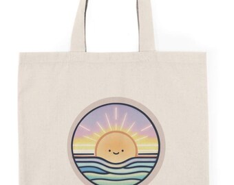 Bolso tote Here Comes the Sun – Bolso shopper minimalista de algodón ecológico con estampado de sol estilizado / Bolso de hombro reciclado con estética soleada