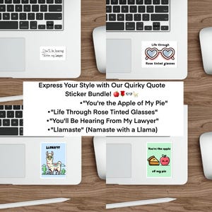 Funny Quirky Quote Sticker Bundle | Waterproof Vinyl Decals | Humorous Laptop & Water Bottle Stickers | “Llamaste,” “Lawyer,” More