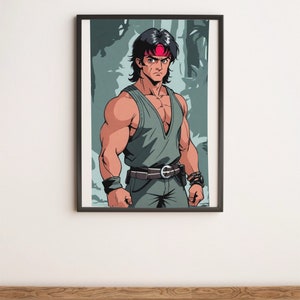 Rambo Anime Art Print – Action Hero Poster | Retro Anime Wall Art for Film Buffs, 80s Movie Fans, and Japanese Aesthetic Lovers