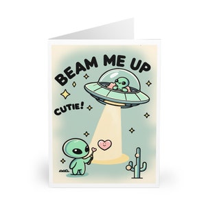 Téléportez-moi, la mignonne carte de vœux | Salutation drôle d'amour extraterrestre | Joli cadeau cosmique pour partenaire, ami ou anniversaire de mariage - Intérieur vierge avec enveloppe