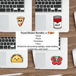 Cute Food Sticker Bundle – Taco, Pizza, Soup & Tomato Vinyl Stickers | Funny Waterproof Decals for Laptop, Journal, Water Bottle
