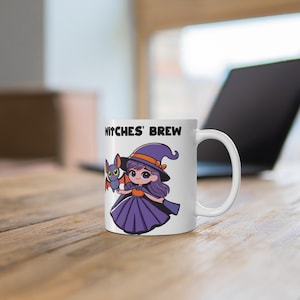 Witches Brew Mug  Cute Witch & Bat Coffee Cup  11 oz Ceramic • Microwave  Dishwasher Safe