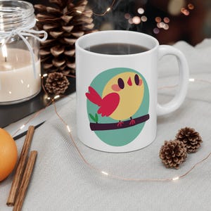 Cartoon Bird on a Branch Mug 11 oz – Cute Nature Coffee Cup, Dishwasher & Microwave Safe, Whimsical Gift for Bird Lovers, UK Seller