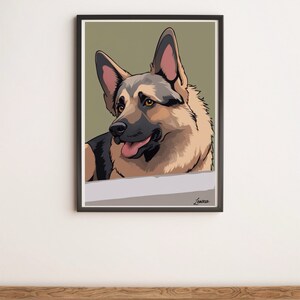 Impresión artística de dibujos animados de pastor alemán / Decoración de pared divertida para perros A3 A4 A5 / Regalo para amantes de los perros / Obra de arte de mascota leal / Póster de cachorro juguetón