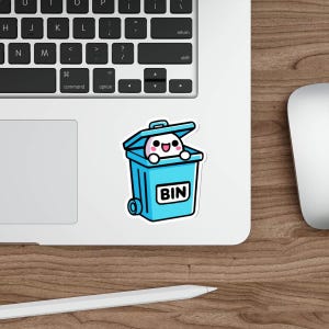 WATERDICHTE sticker met wezen op vuilnisbak | Grappig cartoonontwerp vuilnisbak | Waterdichte vinylsticker voor laptop, dagboek, plakboek, water