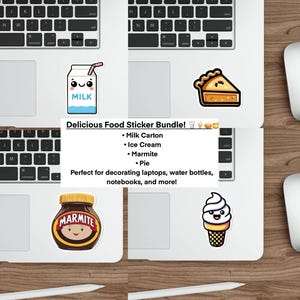 フードステッカーセット – 牛乳パック、アイスクリーム、マーマイト瓶、アップルパイのかわいいビニールステッカー | 防水仕様で楽しい、ちょっと変わったギフト