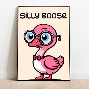 Impresión artística de ganso rosa divertido / Póster de dibujos animados de pájaro caprichoso / Linda obra de arte de ganso para pared de galería / Decoración de pared de animales juguetones, regalo A3 A4 A5