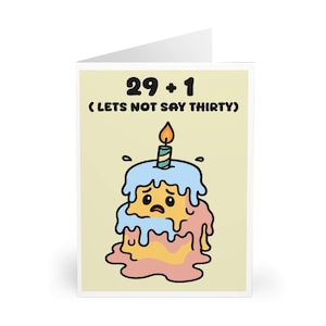 29 + 1 carte d'anniversaire drôle | Option d'âge personnalisée | Gâteau fondant, humour triste | Message d'accueil personnalisé dans les 30 ans