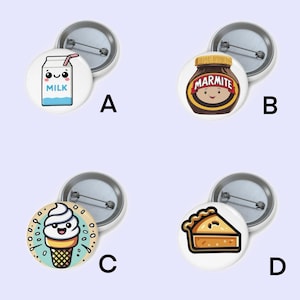 グルメピンバッジセット – 牛乳パック、マーマイト、パイ、アイスクリーム | 25mmのキュートで面白いフードピンバッジ | グルメ好きのコレクターへのちょっと変わったギフト