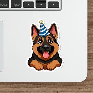 "Wasserfeste Aufkleber ""Schäferhund mit Partyhut"" - Celebrate Loyalty, Joy & Doggone Good Vibes."