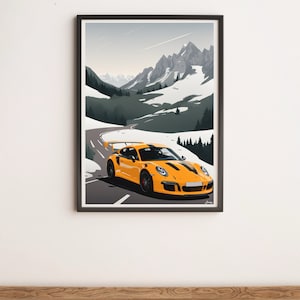 May include: A yellow sports car drives on a winding road through a snowy mountain pass. The car has black racing stripes and a black spoiler. The mountains are in the background.