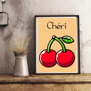 Lámina artística de cerezas Chéri / Póster de pared de cerezas rojas adorables / Tamaños A3, A4 y A5 / Impresión de un divertido juego de palabras francés / Decoración de cocina / Divertido dibujo de frutas