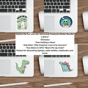 Whimsical Alien Dinosaur Tree Sticker Pack – Funny Cute Waterproof Stickers for Laptops & Water Bottles