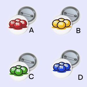 Colorful Candy Pin Badge Bundle – Red, Blue, Yellow, Green | 25mm M&M Inspired Fun Pins | Cute Gift for Candy Lovers Colour Fans