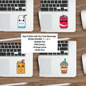 Cute Drink Sticker Bundle | Bubble Tea, Juice, Milk Carton, Soda Can | Waterproof Vinyl | Kawaii Beverage Stickers for Laptop & Water Bottle
