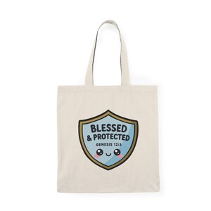 Blessed & Protected Tote Bag | Genesis 12:3 Christian Tote | Cute Shield Design | Faith Based Aesthetic Everyday Canvas Bag