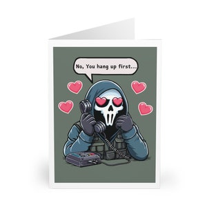 Biglietto d'auguri "No, riattacca prima tu" • Biglietto d'auguri carino per amanti dei videogiochi • Divertente regalo di San Valentino • Romanticismo tra giocatori • Biglietto d'auguri per anniversario nerd