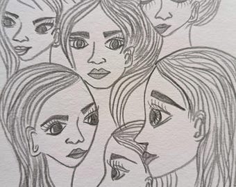 Original drawing: Faces. Group of ladies. Figurative art. Black and white, size A5 paper.